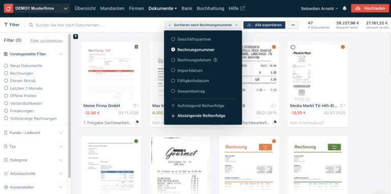 Dokumente nach Rechnungsnummer sortieren
