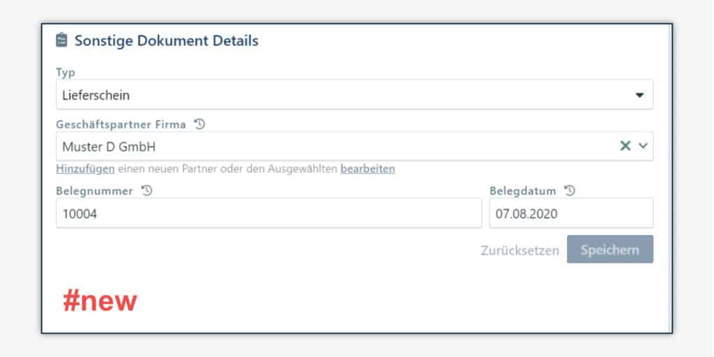 Erfassung von Belegdatum, Belegnummer, Geschäftspartner und Dokumententyp für sonstige Dokumente
