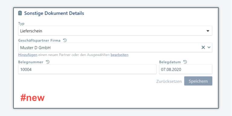 Erfassung von Belegdatum, Belegnummer, Geschäftspartner und Dokumententyp für sonstige Dokumente