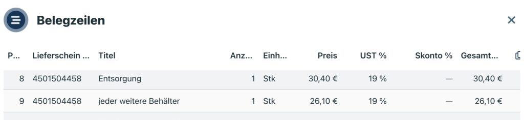 Einzelpositionen der Rechnung